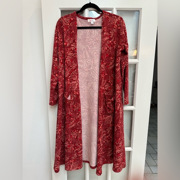 LuLaRoe Sarah Red Leaf Boho Pattern Long Open Front Duster Cardigan Size L NWOT - Picture 1 of 11